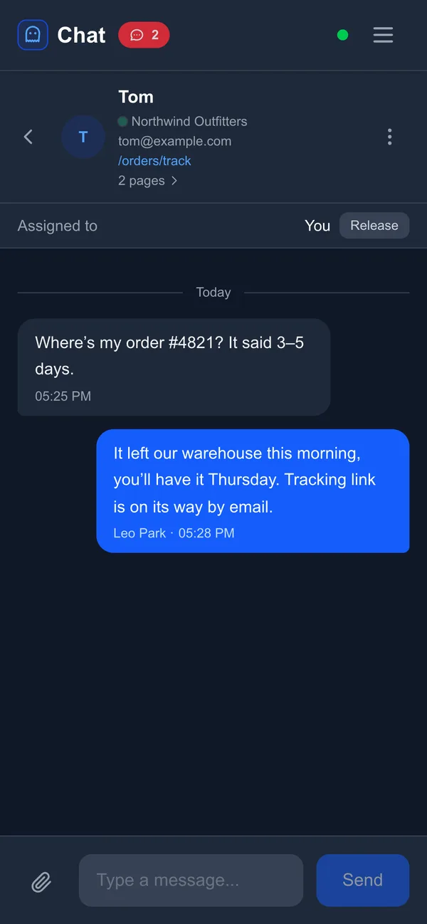 A chat open on a phone, assigned to you, with a Release button
